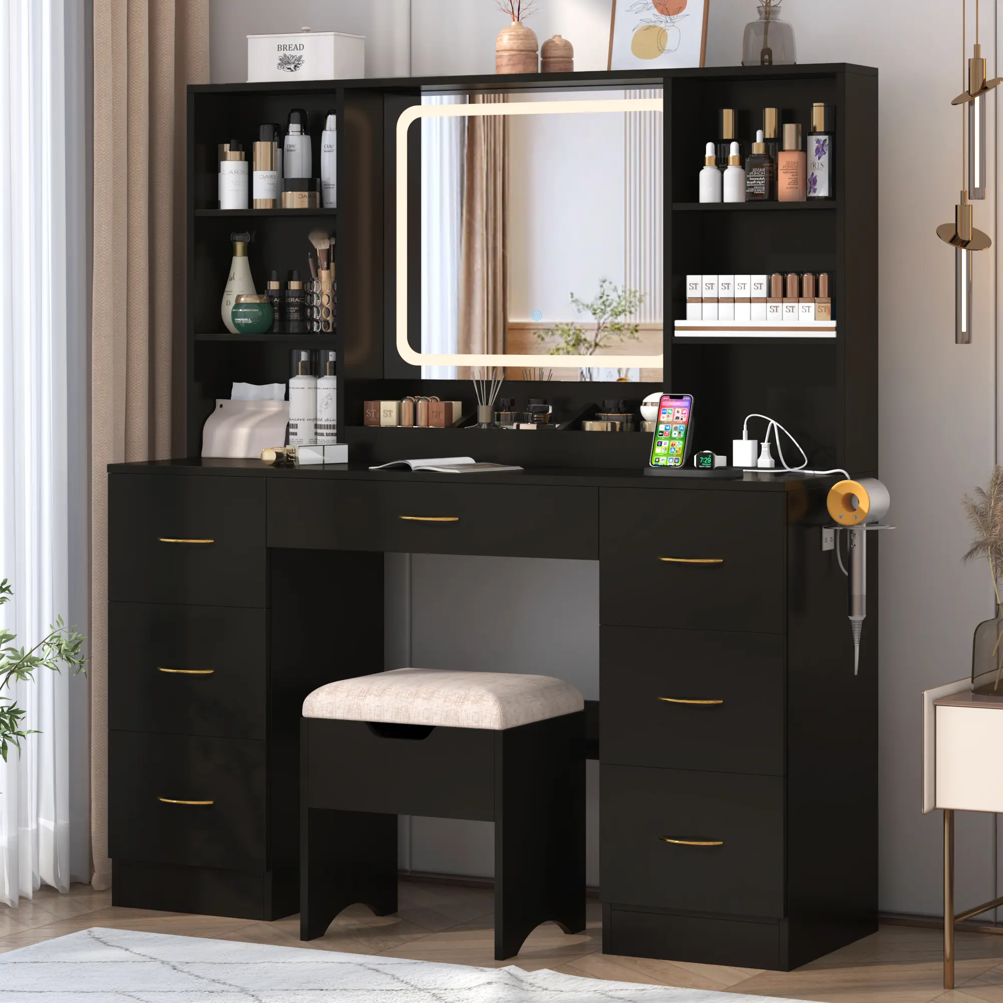 Women's 47" Wide Styling Sturdy LED Makeup Vanity Desk Set with Built-in Light Fixture Mirror, Drawers, Storage, Vanity Chair - 3 Light Modes, 2 Plugs + 2 USB, 47in Desk Fits Beauty Zones, Modern Indoor Furniture