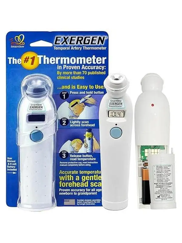 Exergen TAT-2000C Temporal Artery Thermometer – Temporal Thermometer for Kids, Newborns & Adults, Soft Glow Display, Silent Mode, 9V Battery Included Healthcare Digital Digital