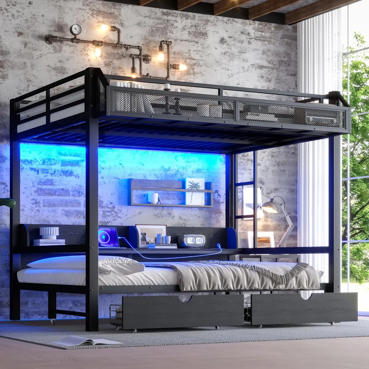 Black Queen-over-Queen Metal+MDF Rectangular Bunk Bed - Heavy Duty, Convertible Lower Sofa to Convertible Full Bed, Storage Shelves & Drawers, USB Ports, LED Lights, Guardrail Safety, Storage&Lights for Modern Home Decor