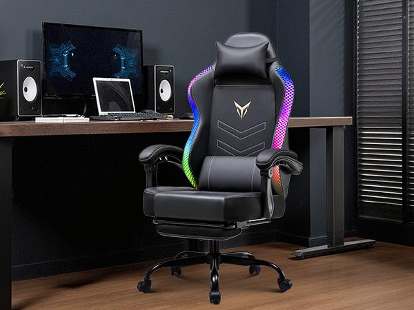 GTPLAYER Gaming Chair with Footrest, Recliner Chair with Led Lights, Headrest & Lumbar Support, Linkage Armrest,Ergonomic Gaming Chair, High Back Office Home, Black