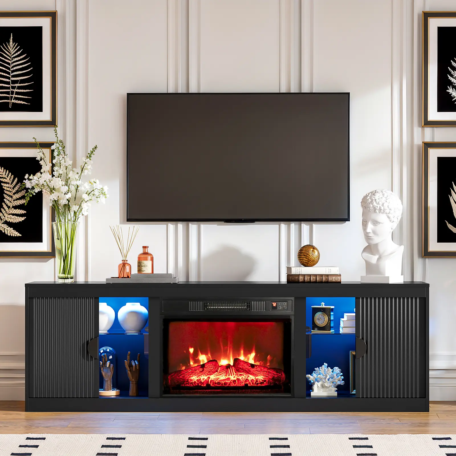 【2 packages shipping】LGHM 70" Fireplace TV Stand for TVs up to 80" with LED Lights, Fluted Modern Entertainment Center with 23" Electric Heater TV Console with Sliding Door for Living Room, Black