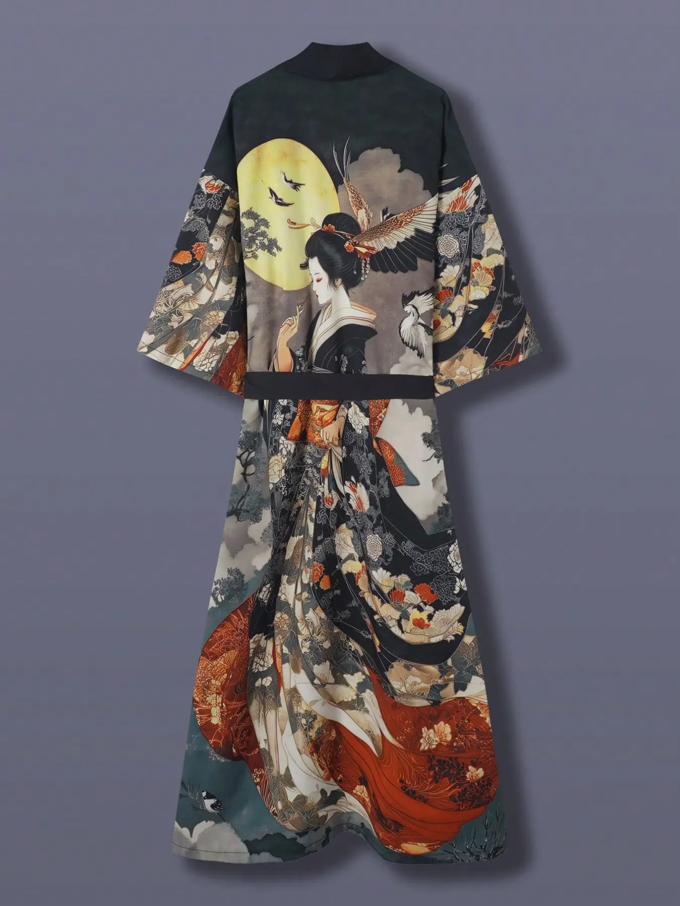 Traditional Ethnic Style Japanese Aesthetic Beauty Print Long Sleeve Satin Kimono Cardigan, Women's Elegant Streetwear Casual Outerwear