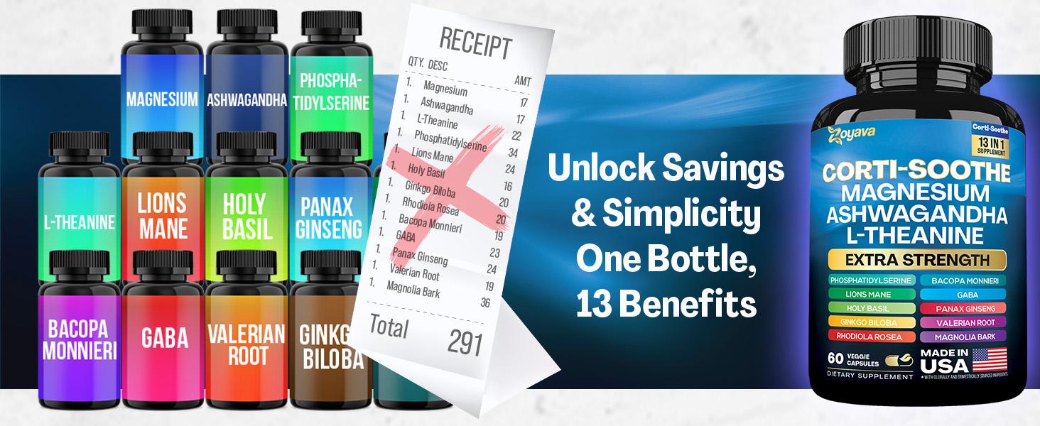 Zoyava Corti-Soothe Supplement, All-in-One Cortisol Supplement with Magnesium, Ashwagandha, L-Theanine & 10+ Extra Strength Ingredients, 60 Capsules, MADE IN USA