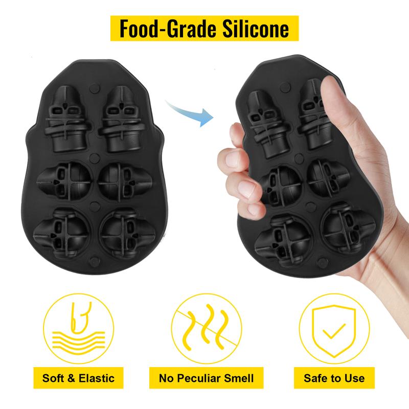 VEVOR Skull Ice Cube Tray, TikTokShopBlackFriday, 6-Grid Skull Ice Ball Maker, Flexible Black Silicone Ice Tray with Lid & Funnel, Skull Ice Cubes in 3 Distinct Patterns for Beverages & Chocolates on Parties & Holidays