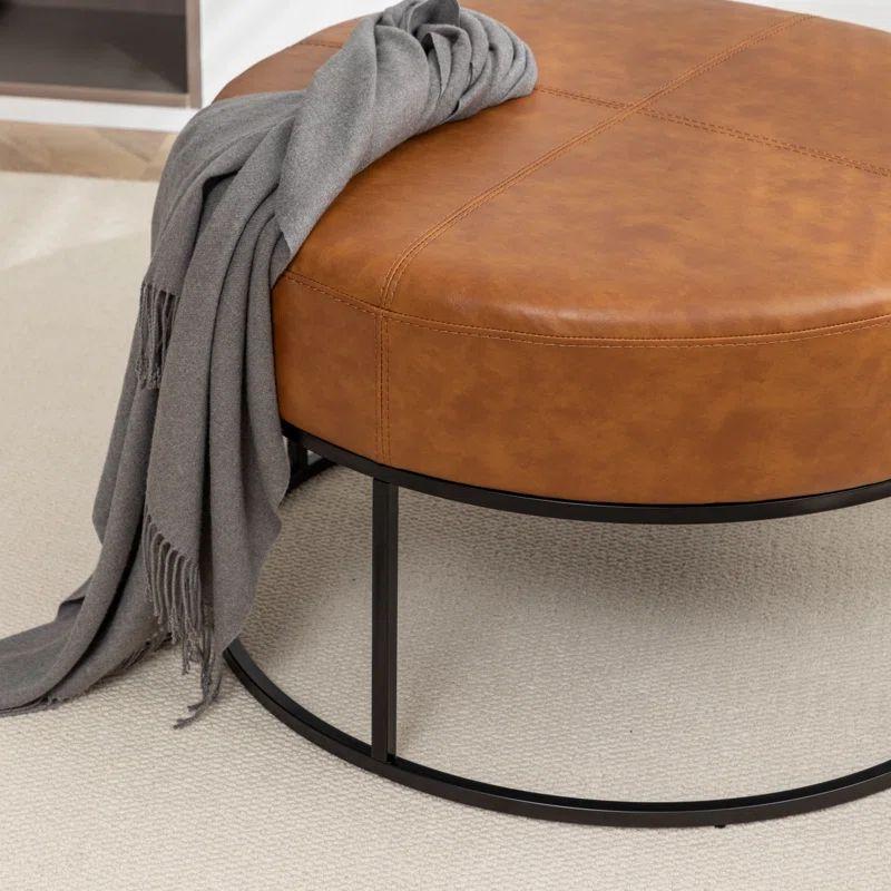 BaliaaFurniture BALLIAA Modern Round Coffee Table, Farmhouse Ottoman Coffee Tables for Living Room, Large Vintage Leather Coffee Tables with Leather Upholstered Padded Seat [Round, Yellow, 30'']