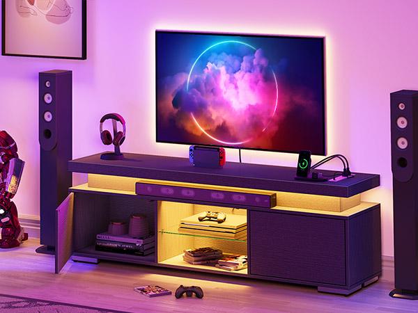 DWVO Black TV Stand with LED Lights and Power Outlet, Modern Entertainment Center for 55/60/65 Inch, Media Console Table TV Cabinet with Storage, Universal TV Stand for Living Room