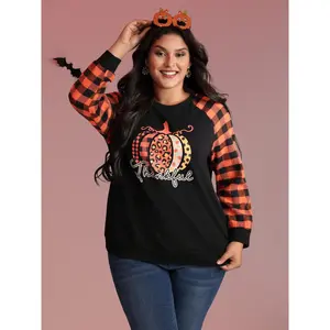 【 Comfy Chic】Bloomchic Halloween Pumpkin Plaid Stretchy Sweatshirt