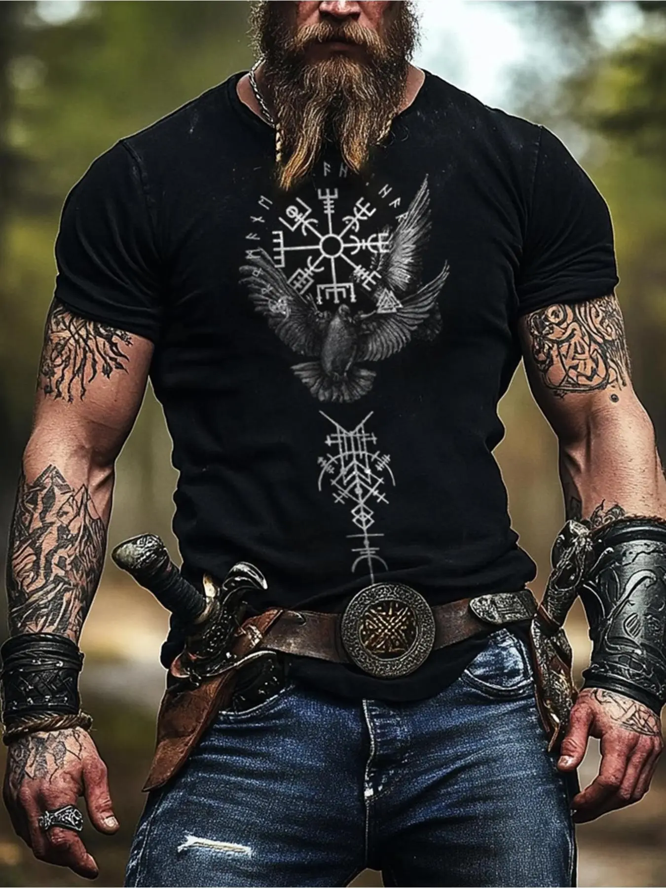 Men'S Viking Nordic Graphic T-Shirt |   Norse Mythology Eagle and Rune Viking Ship Design - Lightweight Breathable Tee - Big and Tall Sizes Available - All-Season Casual Streetwear for Cosplay