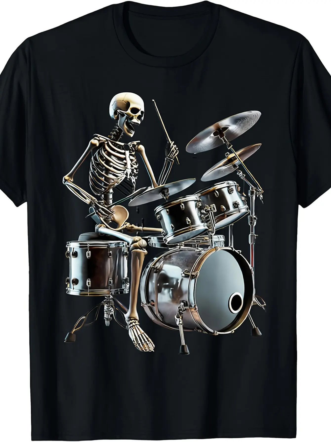 Men'S & Women'S Vintage Gothic Rocker Skeleton Drumming Graphic T-Shirt - 220gsm Heavyweight Tee with Skull Drummer Print, Round Neck Short Sleeve for Halloween, Music Festivals & Casual Wear - Unisex Adult All-Season Apparel