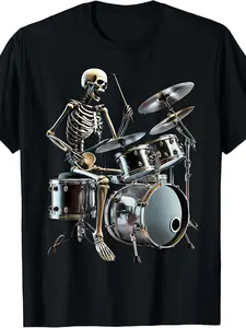 Men'S & Women'S Vintage Gothic Rocker Skeleton Drumming Graphic T-Shirt - 220gsm Heavyweight Tee with Skull Drummer Print, Round Neck Short Sleeve for Halloween, Music Festivals & Casual Wear - Unisex Adult All-Season Apparel