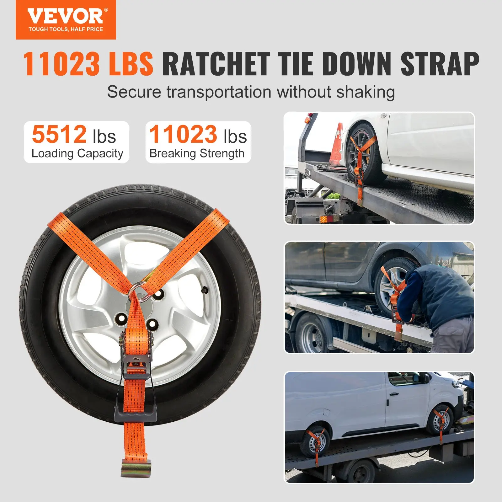 【summerfinds】VEVOR Durable Polyester Ratchet Car Tie Down Straps Kit, 4-Pack Lasso Style 2"x120" Tire Straps, 5512 LBS Working Load, 11023 LBS Breaking Strength, Flat Hooks for Passenger Car, ATV Transportation, Ratchet Strap
