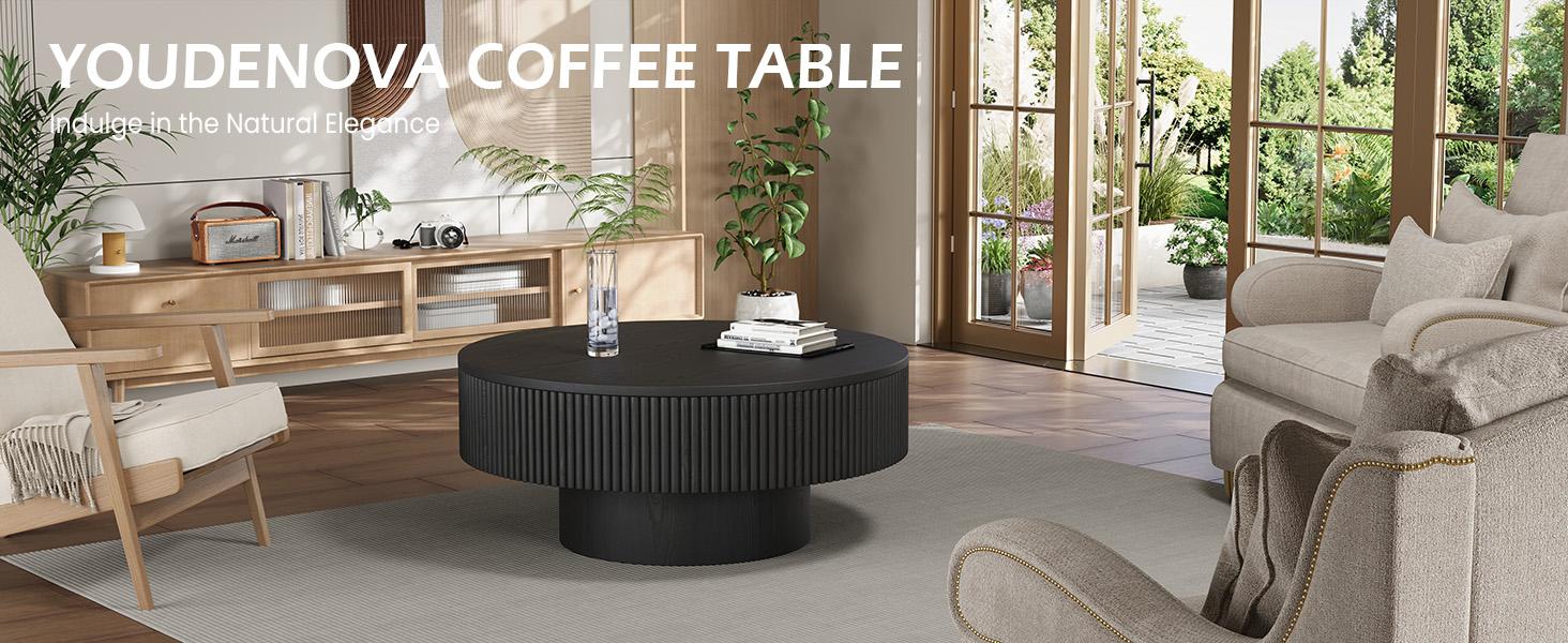 YOUDENOVA 31/35" Round Fluted Coffee Table Modern Wood Circle Veneer Handcrafted Relief Coffee Tables Living Room Black MDF Material Easy Assembly Bedroom Furniture SpringBreak
