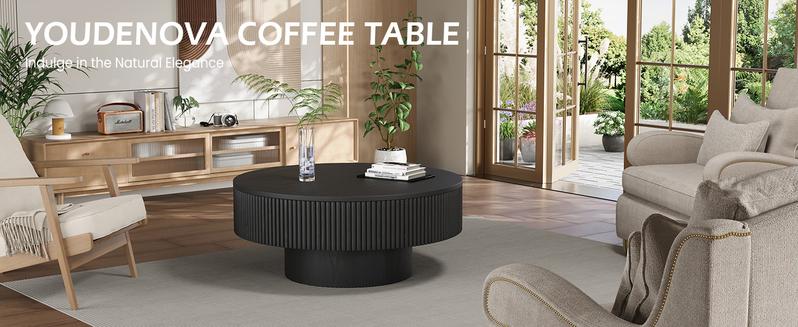 YOUDENOVA 31/35" Round Fluted Coffee Table Modern Wood Circle Veneer Handcrafted Relief Tea Table with Sturdy Pedestal for Living Room Black MDF Material Easy Assembly rios  interiors