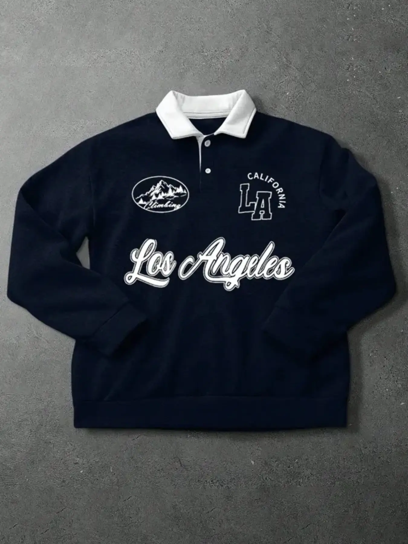Men's Vintage California Los Angeles Polo Neck Sweatshirt Graphic in Navy Color, Casual Fitted Top for Fall & Winter, Everyday Streetwear Style Graphic Sweatshirts