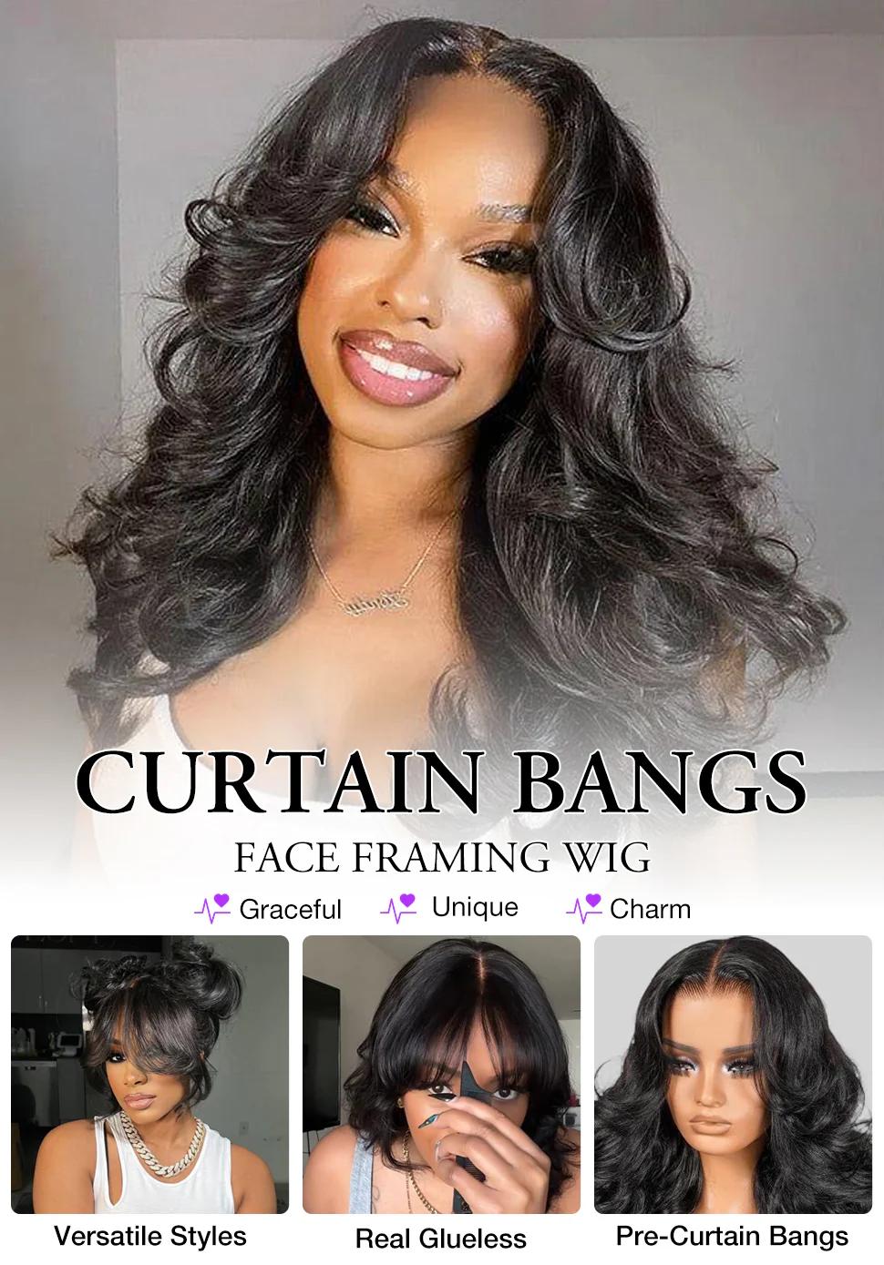 Curtain Bangs Body Wave Human Hair Wig 220% Density 13x4 8x5 HD Lace Front Wigs with Pre Bleached Knots #tiktokshopblackfriday