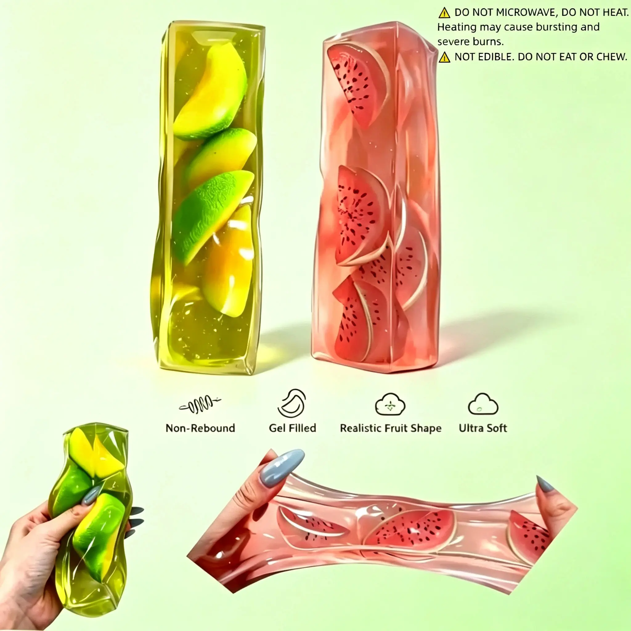 Moldable No Rebound Long Fruit Jelly Box Squeeze Toy - Watermelon, Cantaloupe Styles, Soft Sensory Fidget, Stretchy Squeeze Balls, Anxiety Squishies, Decompression Gift for Stress Toy Fans