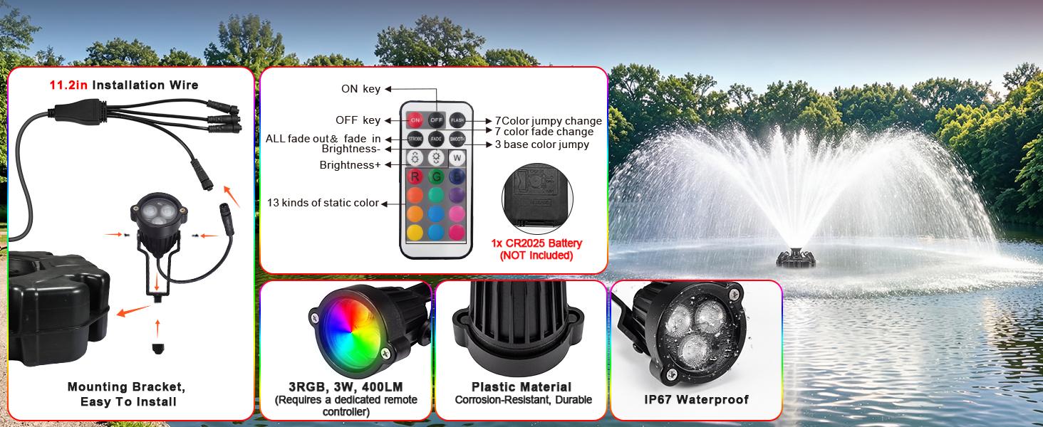 Goldlife Pond Fountain Aerator F4, With 4 RGB Lights, 110V 1HP 750W 15000GPH, 100FT Power Cord, Powerful Aerating Fountain Pump for Outdoor Small Large Pond Lake Garden Jet Fountain System