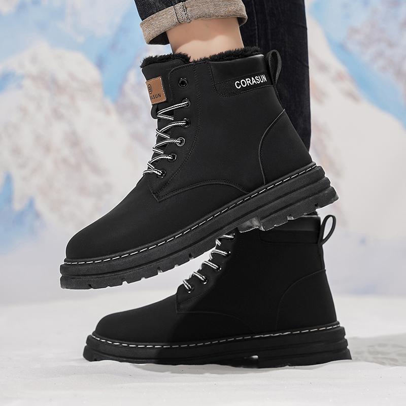CORASUN 2025 US multi warehouse shipment for autumn and winter men's mid top sports and leisure shoes with fleece snow boots, anti slip work boots, leather covered outdoor boots, fashionable motorcycle boots