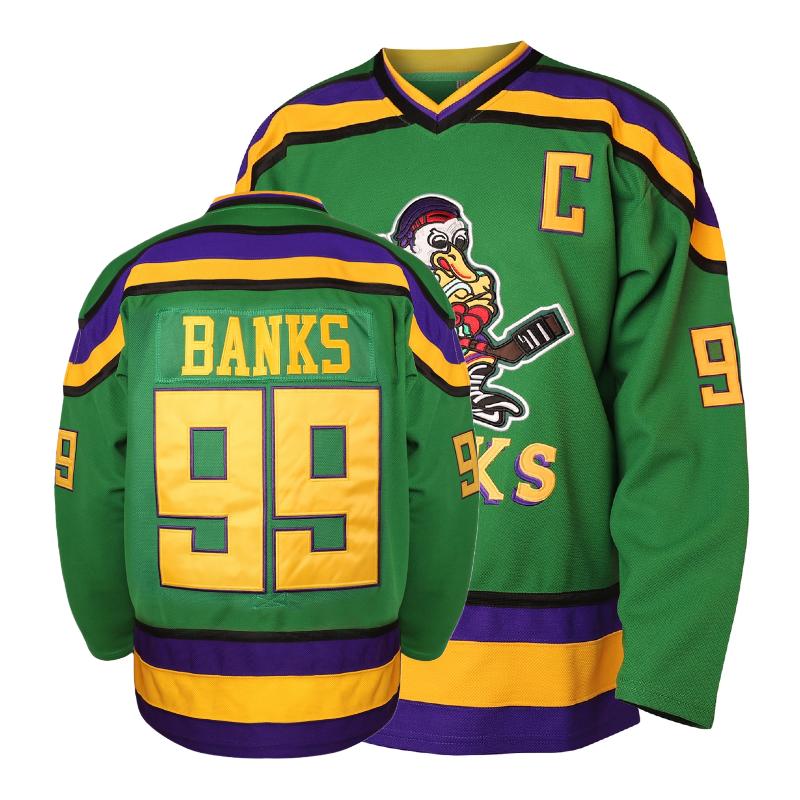 Mighty Ducks Ice Hockey Jersey Charlie Conway 96 & Adam Banks 99 90s Hip Hop Green Black Long Sleeved Loose Fit Breathable Quick Drying Mesh Polyester Machine Washable