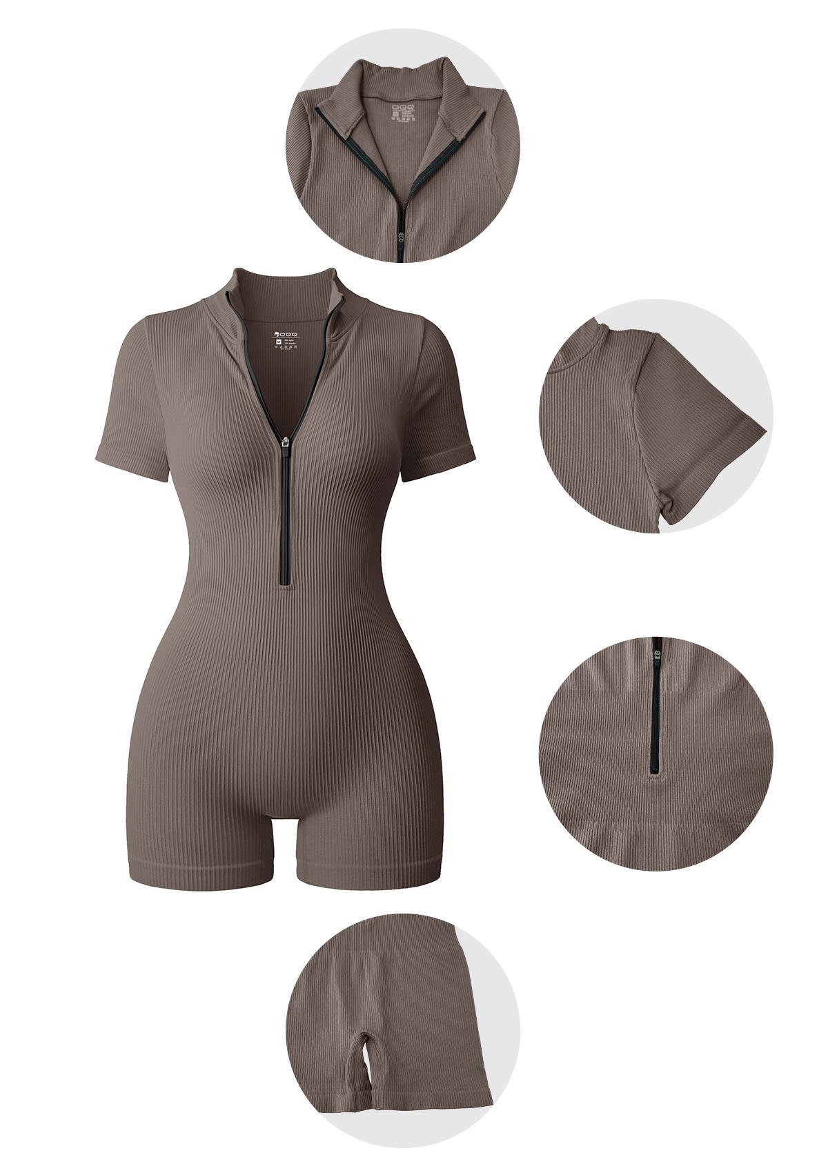 OQQ-Nine cents Women Yoga Rompers Workout Ribbed Short Sleeve Zip Front Exercise Rompers SpringStatements