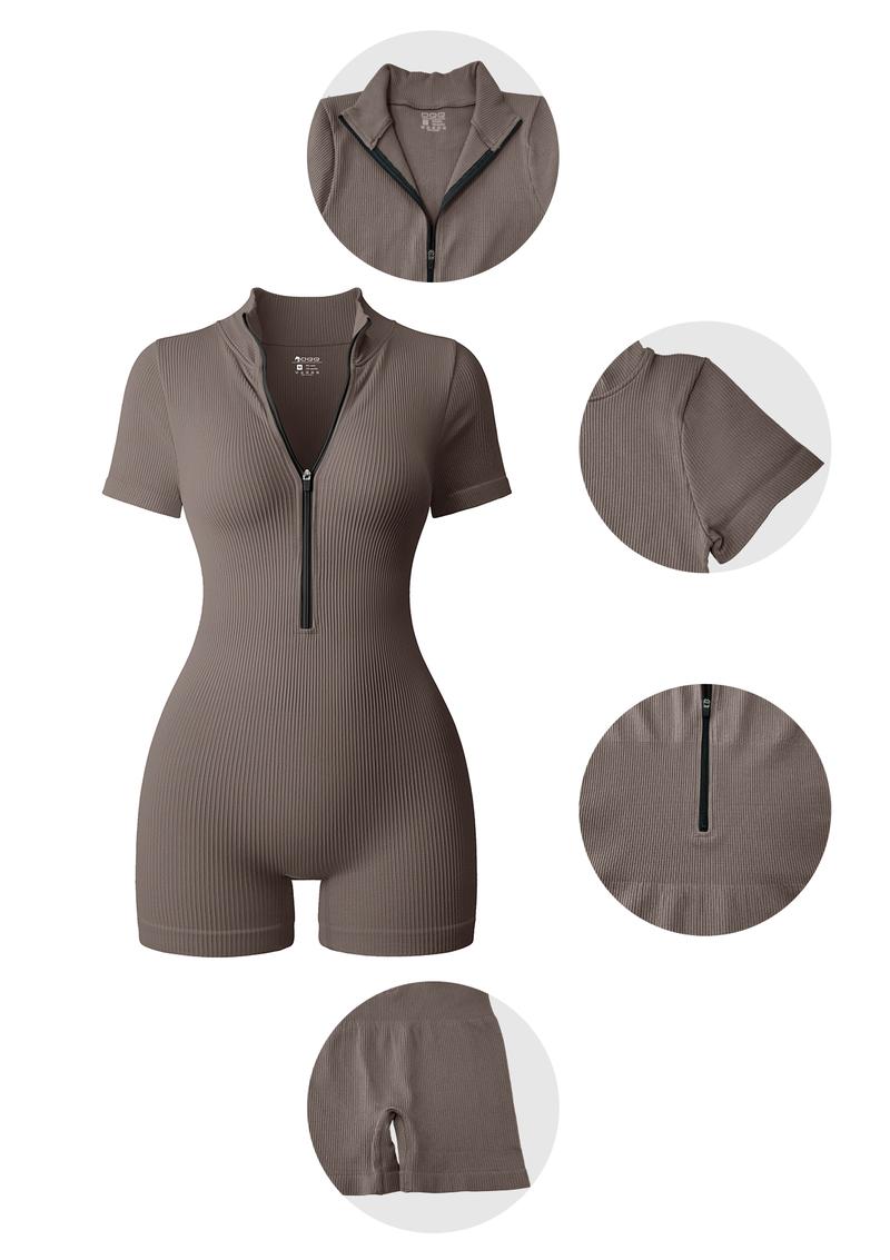 OQQ-Nine cents Women Yoga Rompers Workout Ribbed Short Sleeve Zip Front Exercise Rompers
