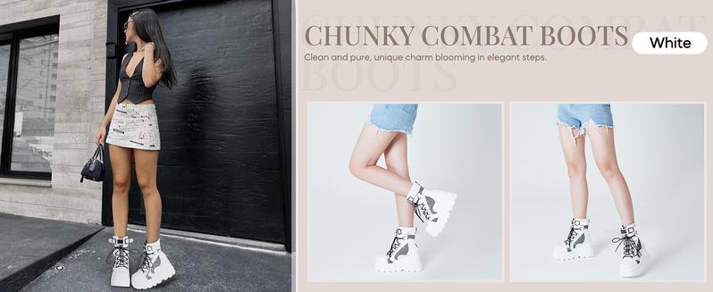 Platform Ankle Boots for Women Chunky High Heel Booties Goth Round Toe Combat Boots Women Lace Up Motorcycle Wedges