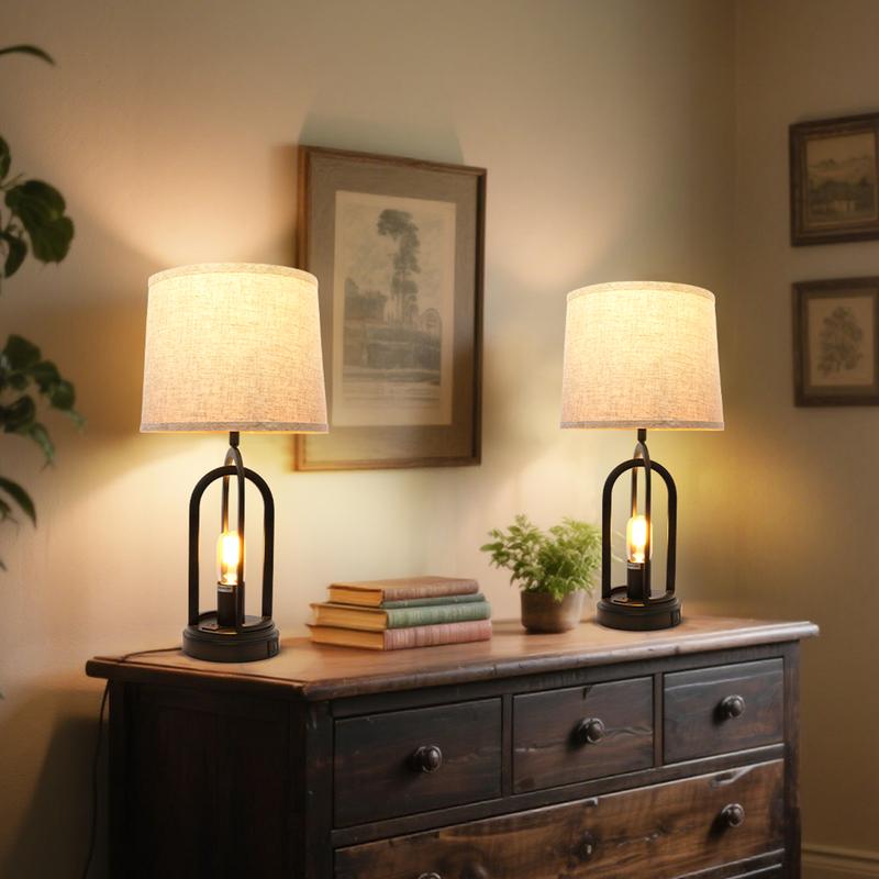 GLITGATE Set of 2 Rustic-Style Table Lamp, Natural Table Lamp with 2 USB Ports, Bedside Table Lamp with Button Control, Modern Night stand Lamp, Desk Farmhouse Lamp with Fabric Shad For Bedroom, Living Room, Reading, Decorative Home