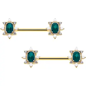 14G 9/16 Green CZ Gem Gold Tone Royal Beauty Barbell Nipple Ring Set