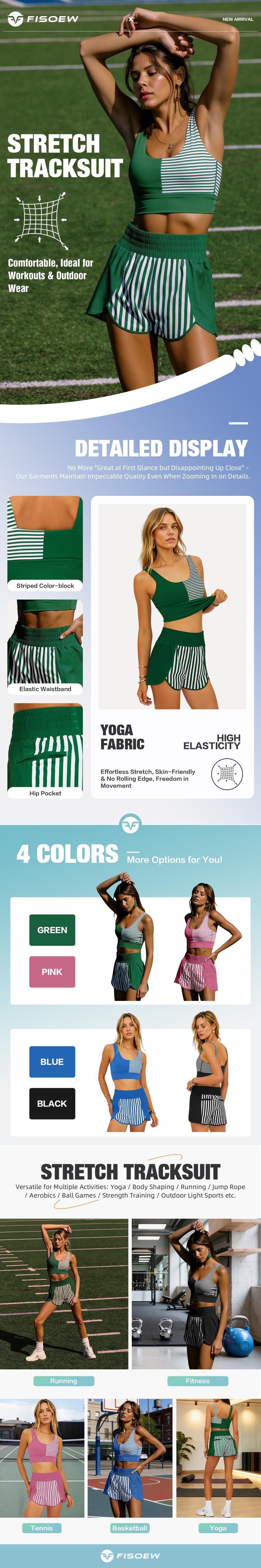 FISOEW Women's Colorblock Stripe Activewear Set Racerback Sports Bra & High Waisted Shorts for Gym Game Day & Casual Wear