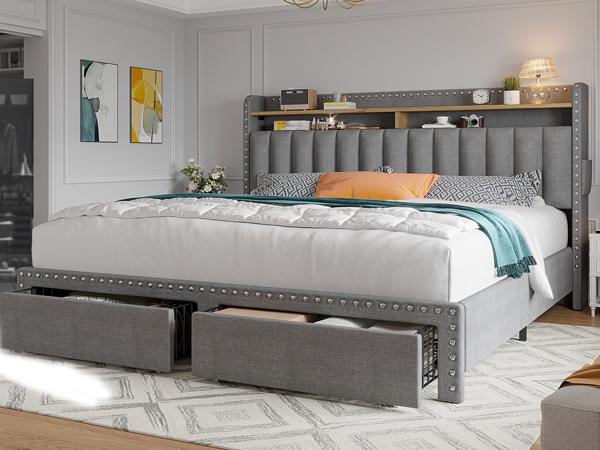 Bed Frame with Headboard and Storage, MATTRESS NOT INCLUDED OR OFFERED, Upholstered Bed Frame with Storage, 2 Drawers,, NO Noise, No Box Spring Needed Bed Frame with Headboard and Storage, MATTRESS NOT INCLUDED OR OFFERED, Upholstered Bed Frame with Storage, 2 Drawers,, NO Noise, No Box Spring Needed