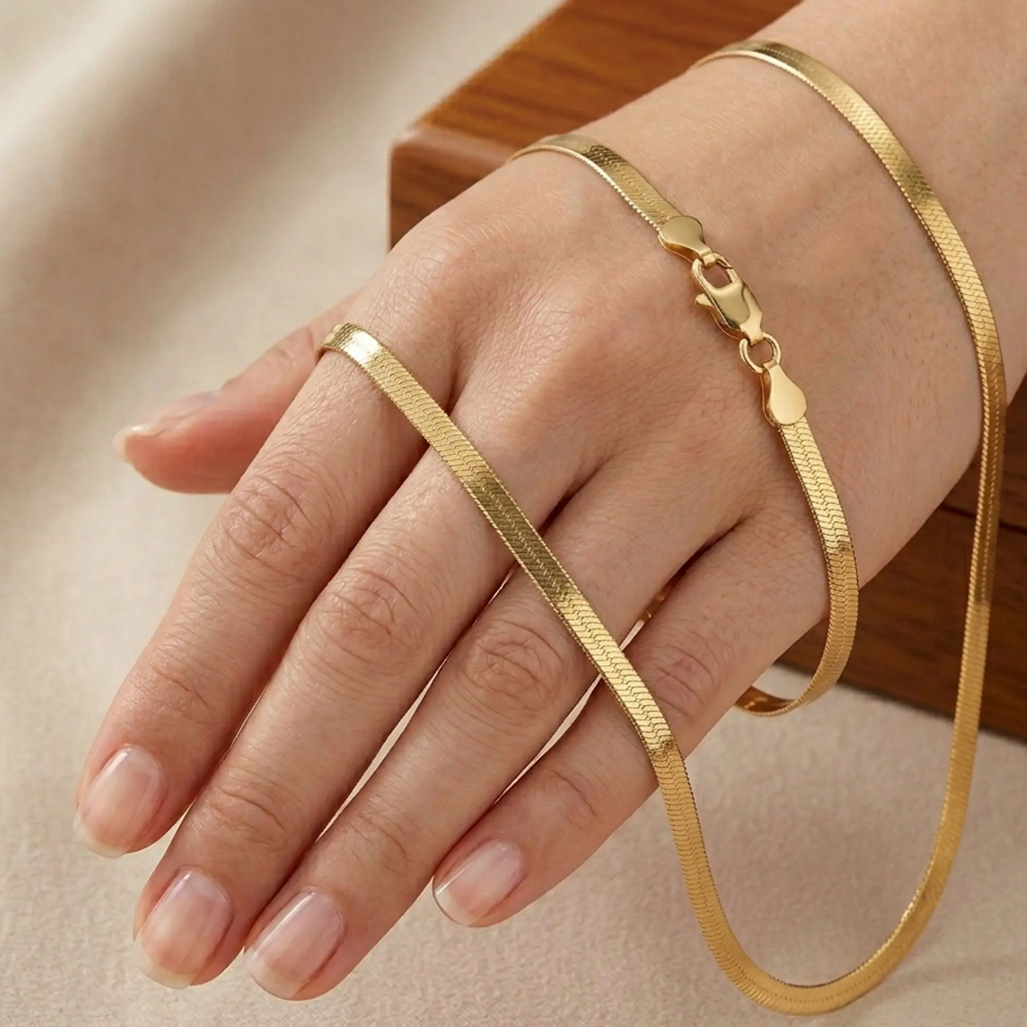 14k Yellow Solid Gold Imperial Herringbone Chain Necklace, 4.7mm