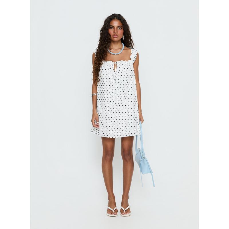 Swing Mini Dress White Polka Dot