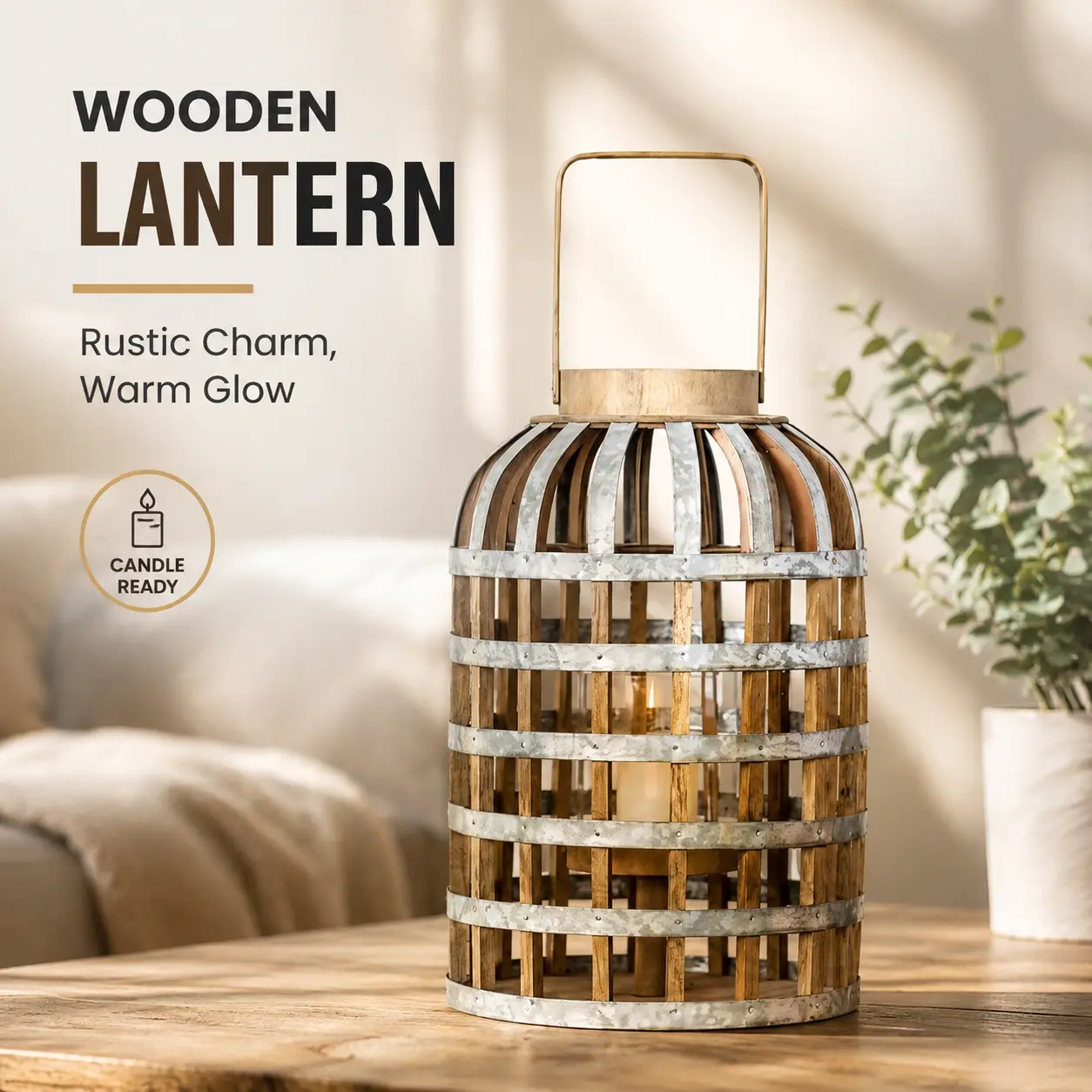 littleox Decorative Lantern with Handle, Wooden Lantern for Indoor Outdoor, Home Garden Wedding
