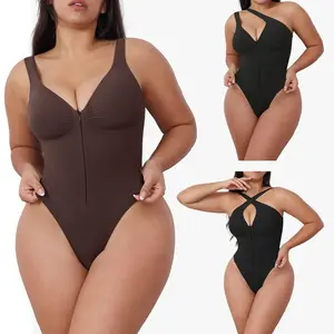 SHAPUM Seamless Thong Bodysuit with Adjustable Multiway Straps and Front Zipper Simple Comfy Sweetheart Neck Shapewear