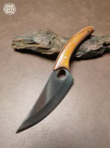 Vintage wood handle finger hole fixed blade edc knife with leather sheath utility pocket tool everyday carry gear for outdoor camping hunting hiking fishing survival equipment practical snatched coming of age mens gift for dad boyfriend husband present