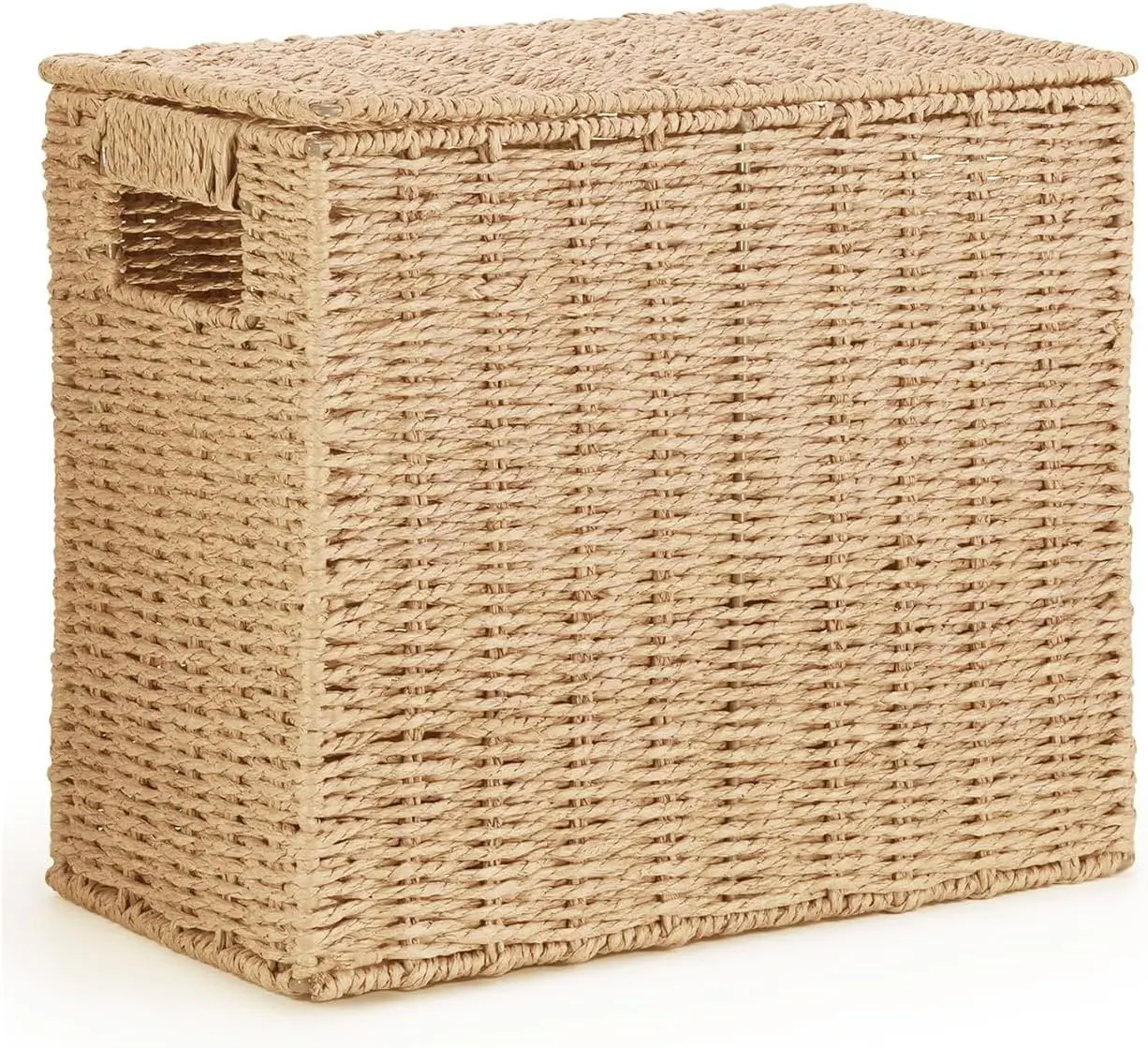 14" Woven Paper Rope Storage Basket with Lift-Off Lid - 14"l x 7"w x 12"h, Durable, Quick-Wipe Clean, Narrow Bin with Dual Handles, Default Metal Utensil & Toilet Organizer, Home Supplies Weaving Storage Solution, Weaving Storage Basket