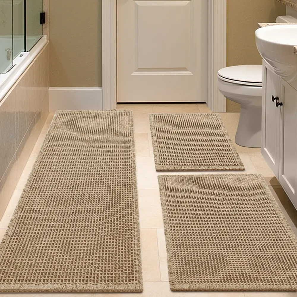 IM HOME Waffle Bath Mat Rugs 1/2/3 Piece, Boho Woven Modern Carpet, Absorbent Non Slip Bathroom Rugs, Soft Washable Bath Rugs with Tassels for Bathroom, Bedroom, Kitchen, Shower, Tub