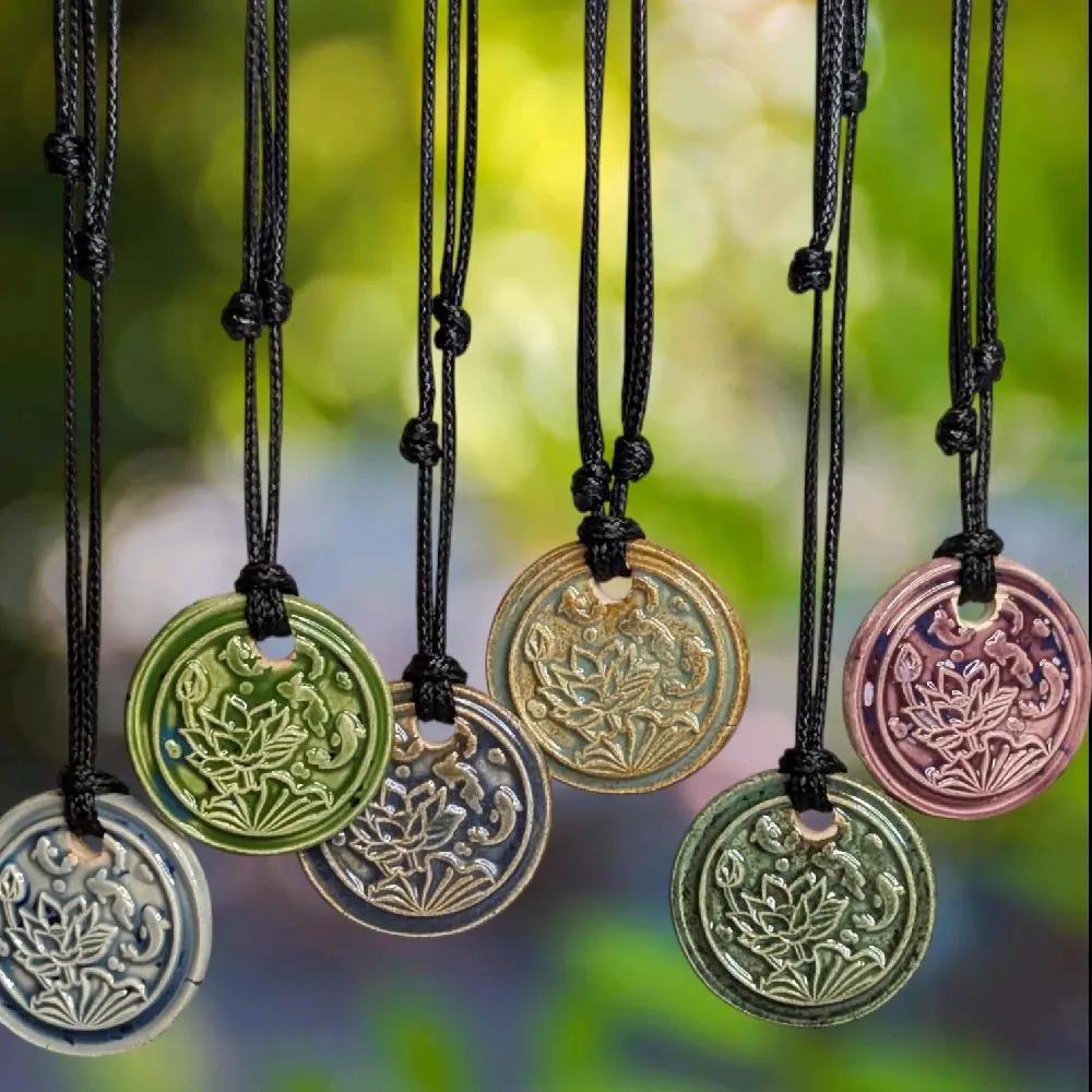 Lotus Koi Fish Pond Floral Cottagecore Ceramic Wax Seal Pendant Hippie Whimsical Choker Adjustable Cord Necklace Clay Charms Chakra Handmade