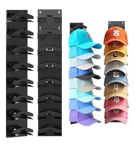 Hat Organizer for 16 Caps, 2 Pack Adhesive Hat Rack for Wall or Door, Space Saving Baseball Cap Holder  Wall Mounted Hat Organizer Rack   Wall-Mounted Multilayer Hat Organizer  (Black)