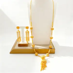 Beaded Tassel Design Dubai Electroplated Jewelry Long Necklace & Earrings 2 Piece Set Golden Alloy O-Shaped Chain Kundan Jewellery Set