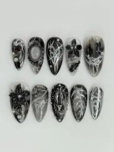 Black and Silver Gothic Press On Nails with 3D Floral Charms – Marble Chrome Stiletto Nails, Dark Fantasy Handmade Nail Art Set for Edgy, Alternative Statement Look