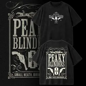 Peaky Blinders Vintage Graphic Tee Washed – Shelby Brothers Small Heath Birmingham Retro Poster Streetwear Shirt, Razor Blade Revolver Gangster Crime Drama TV Series Fan Apparel Heavy Cotton Oversized Hoodie Style Top