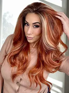 MACA BAKA Luna Ombre Highlight Blonde Pumpkin Orange Lace Front Wig with Scandinavian Hairline Low Density 20 Inches Long Natural Wavy HD Synthetic Lace Front Wigs for Women Gift