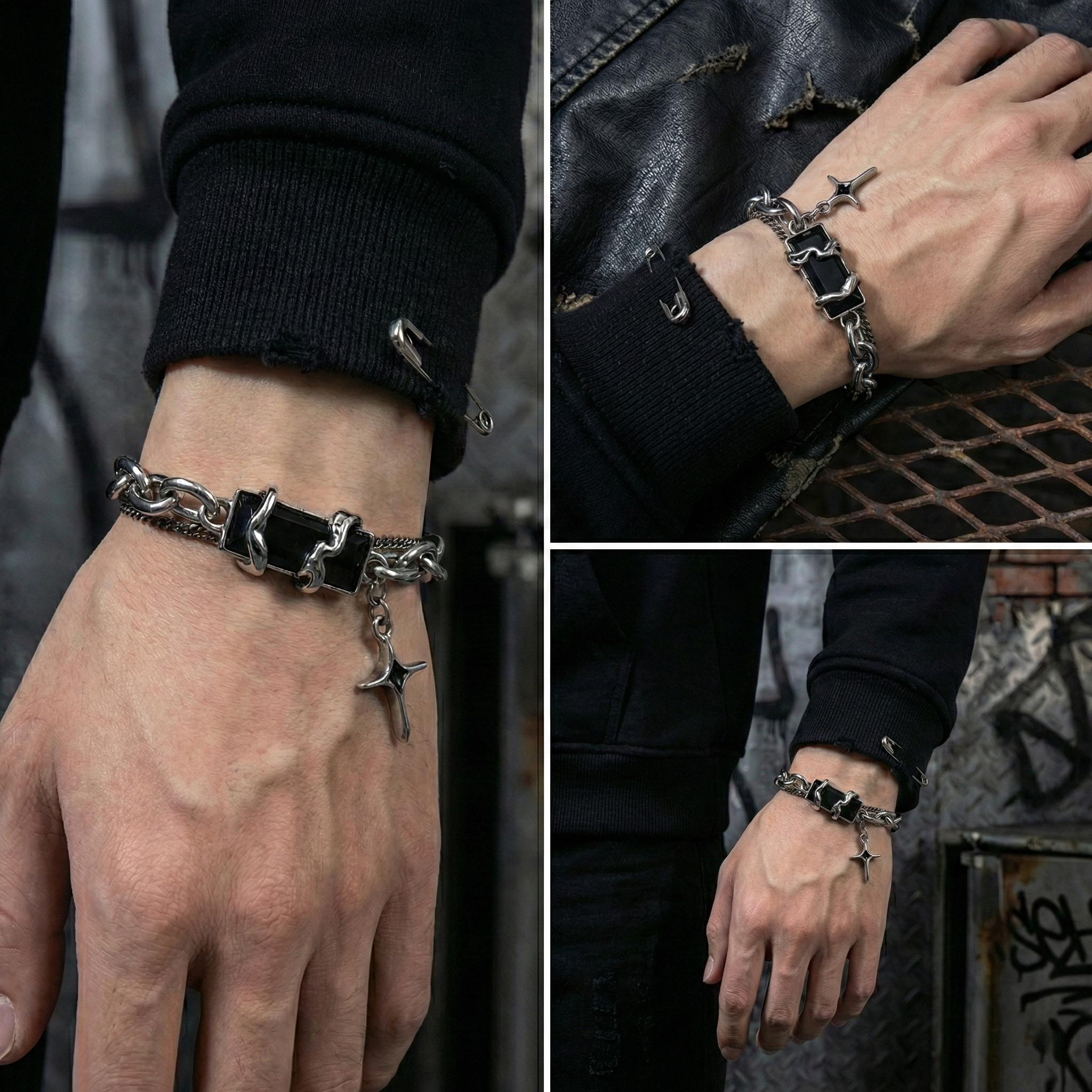 Punk Style Cross Bracelet, Cyber Y2K Silver Tone Chain with Black Stone - Vintage Aesthetic Jewelry for Women Men