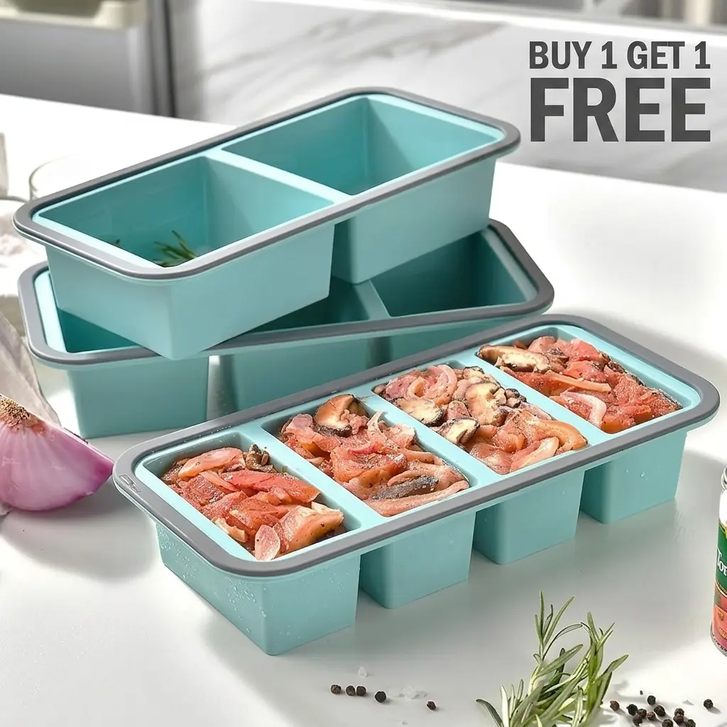[Buy 1 Get 1 Free, Buy 1 tray with 4 grids and get 1 tray with 3 grids free] Silicone Freezer Tray with Lid-1 Cup Food Freezer Tray Cubes - Large Ice Cube Freezer -Soup,Sauce, leftovers,Homemade Meal Baby Food Storage Containers-Aqua