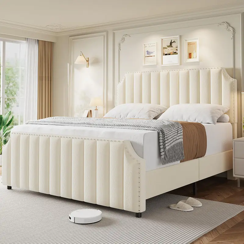 King Size Velvet Bed Frame, 50.2 in Tall Headboard & Footboard, Upholstered Platform King Bed Frame with Nailhead Trim, No Box Spring Needed, Beige