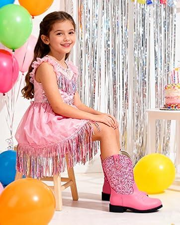 Kids Cowboy Boots for Boys Girls, Western Boots Embroidered Faux Leather Cowgirl Wide Width Ankle Boot Round Toe Mid Calf Riding Shoes for Little Big Kid