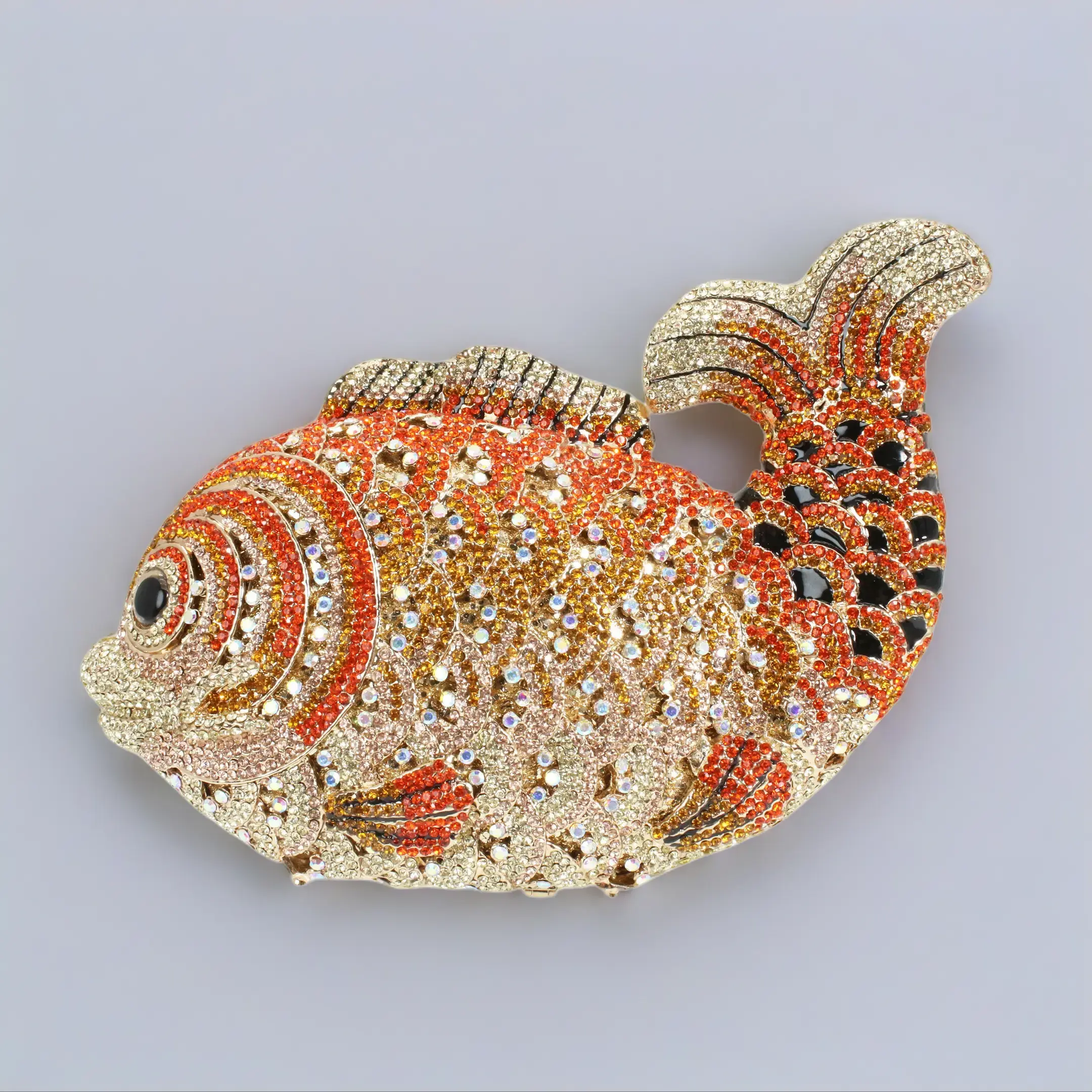PSBIY Evening Clutch Bag for Women, Bedazzled Orange-Gold Fish Shape Purse with Bold Sparkle and Chain Strap for Special Events