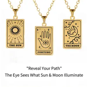 （New tarot card necklace）The Sun & The Moon Tarot Necklace - All Seeing Eye Mystical Pendant, Inspirational Tarot Card Jewelry Gift in Elegant Box, Adjustable Chain for Men & Women gold-tone A gift of courage and guidance for him