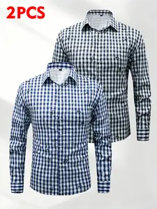 2-Pack Men’s long-sleeve shirt for spring and autumn, small check pattern base with print, slim fit, suitable for everyday commuting and casual wear Plaid Menswear Stylish